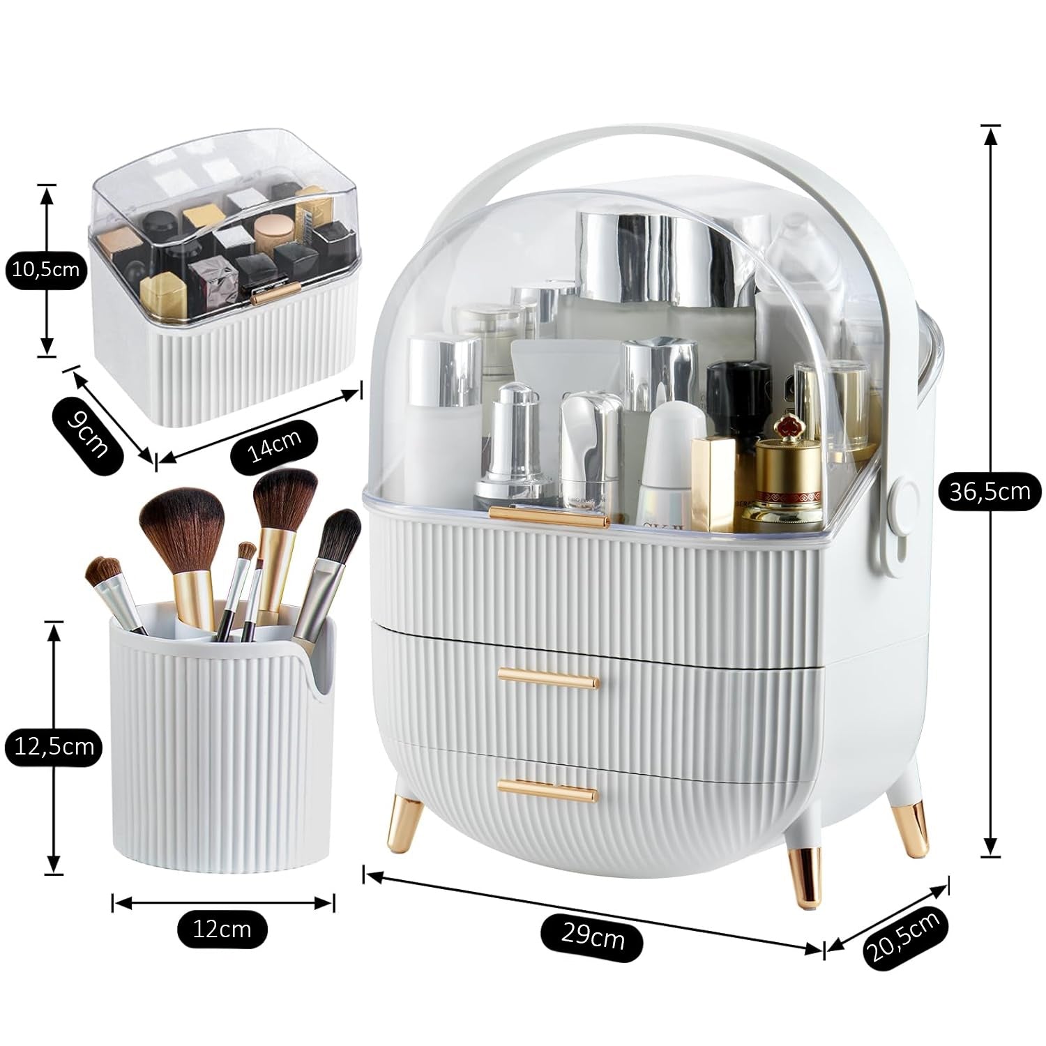 Organizator pentru cosmetice si bijuterii NextWave®, spatiu depozitare cu 2 sertare, vitrina, cutie pensule si rujuri – imaginea 2