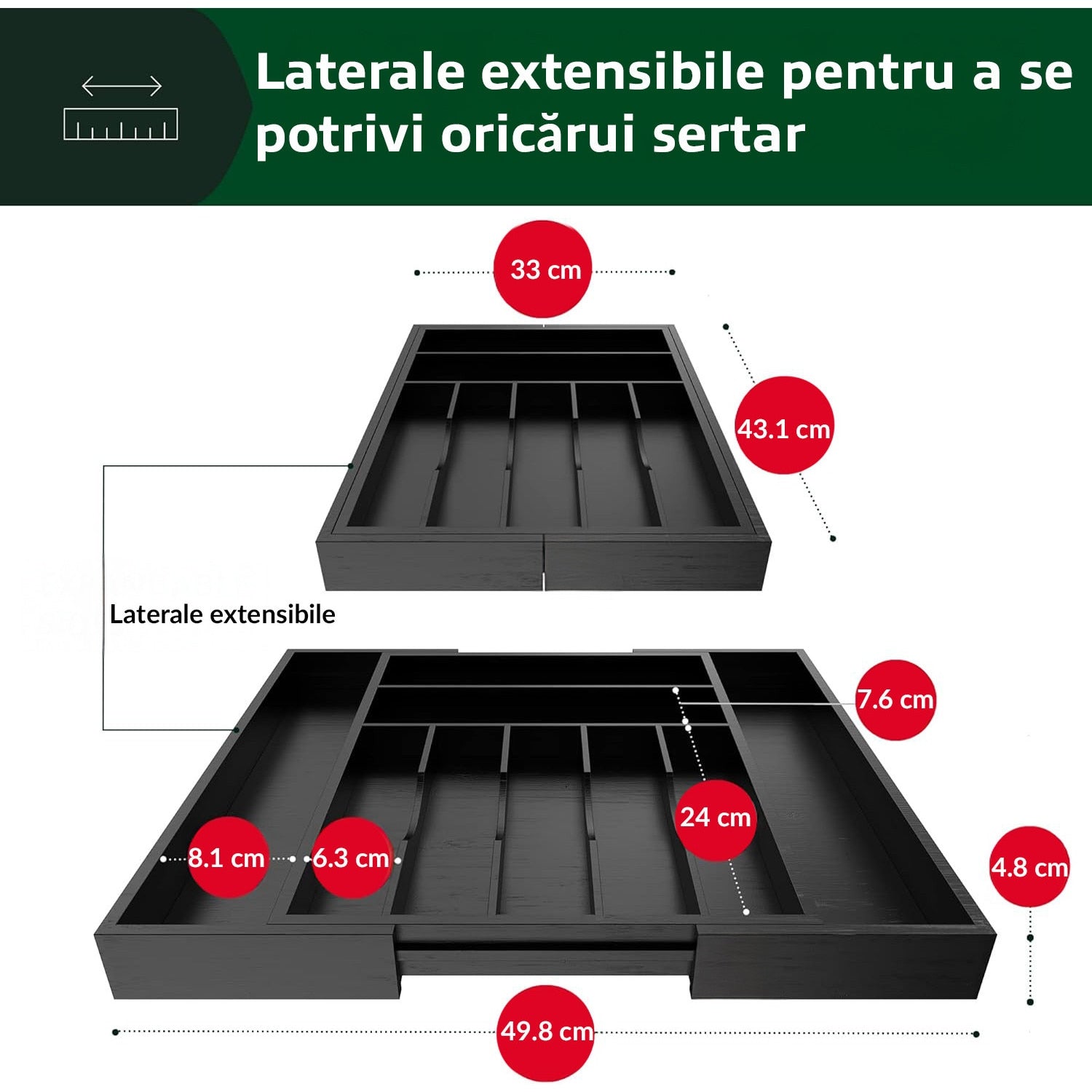 Organizator extensibil pentru tacamuri si ustensile NextWave – bambus natural lacuit, finisaj negru elegant, 9 compartimente – imaginea 2