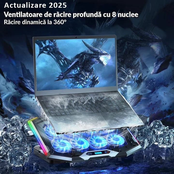 Stand De Racire pentru Laptop BeGenius® cu Suport pentru Telefon, 8 Ventilatoare ultra Silentioase, Cooler Laptop Gaming – imaginea 2