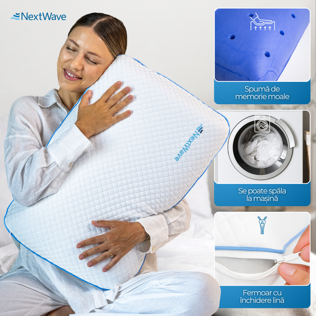 Perna ortopedica pentru dormit NextWave, Spuma cu Memorie cu gel ventilata, Husa detasabila cu 2 zone termice, Ideala pentru – imaginea 2