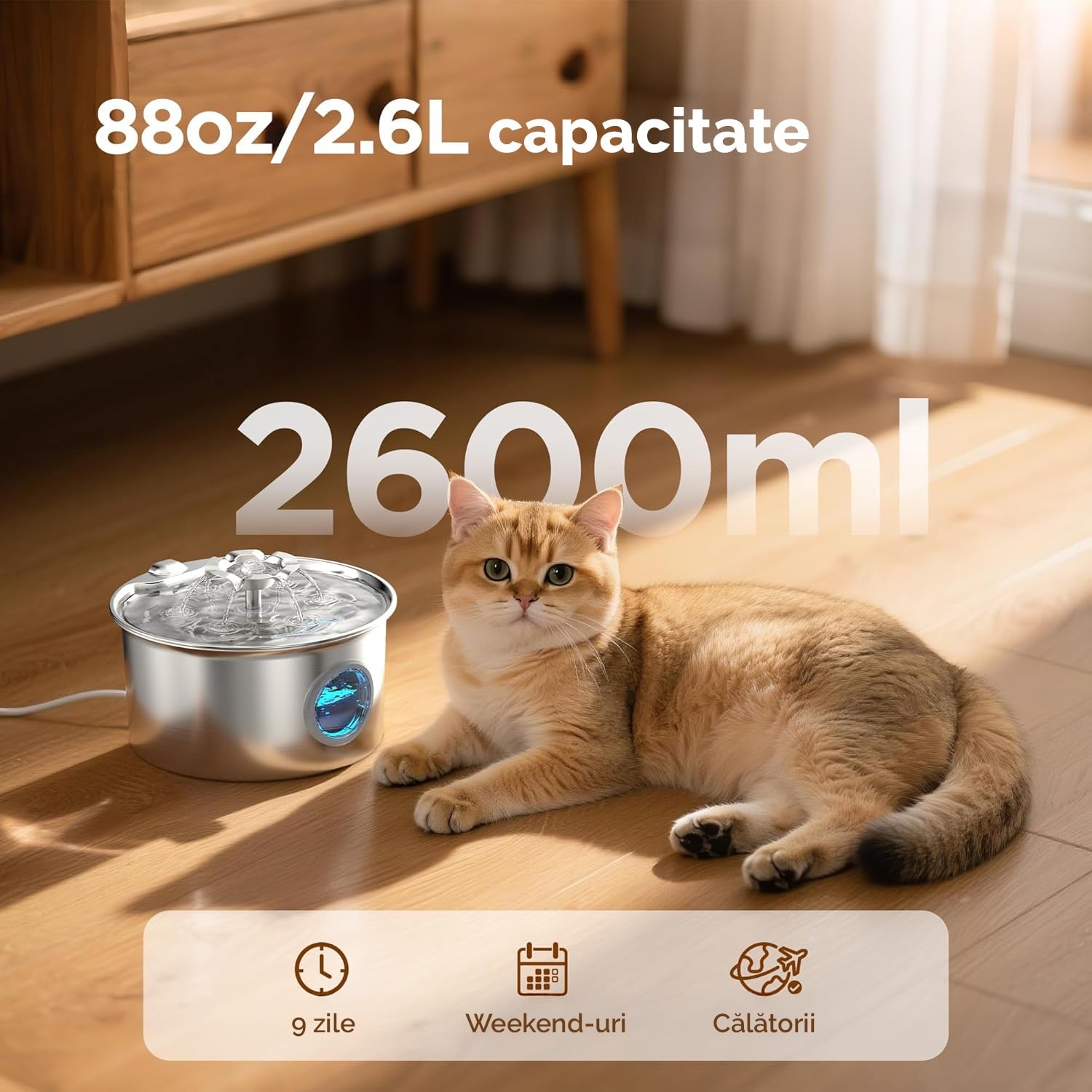 Fantana Apa Pisici si Caini NextWave®, Dispenser Automat din Otel Inoxidabil, Capacitate 2.6L, Fereastra Nivel Apa, Jet – imaginea 2