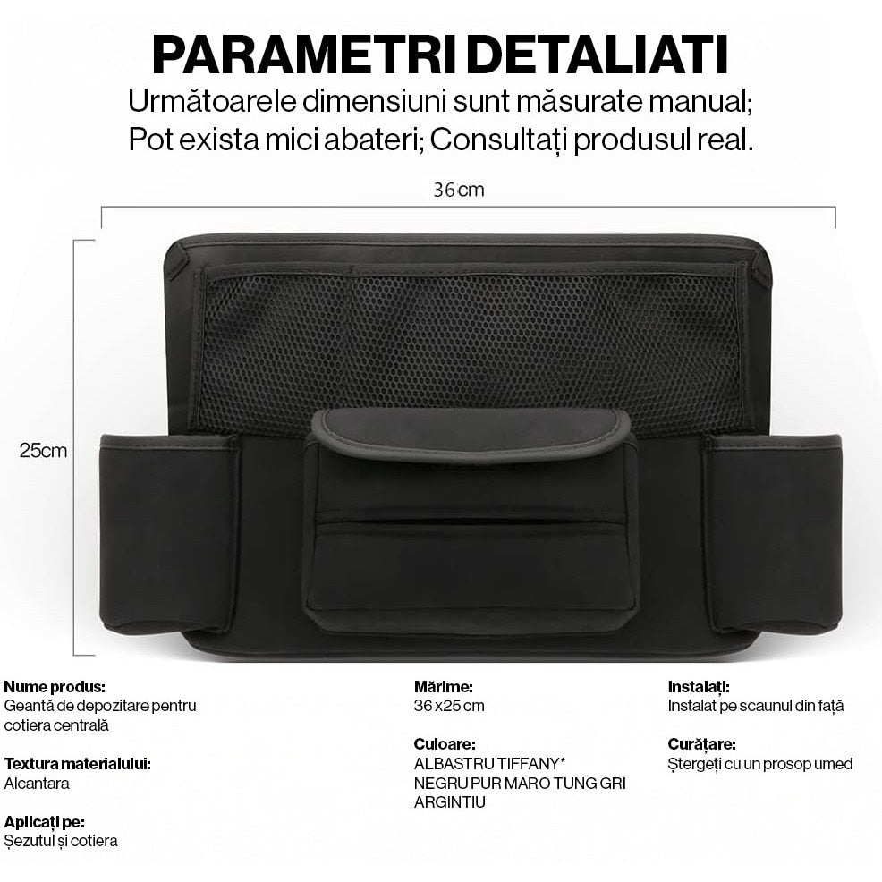 Organizator intre scaune auto NextWave®️, suport pretios cu 5 compartimente, material suede & piele ecologica, capacitate – imaginea 2