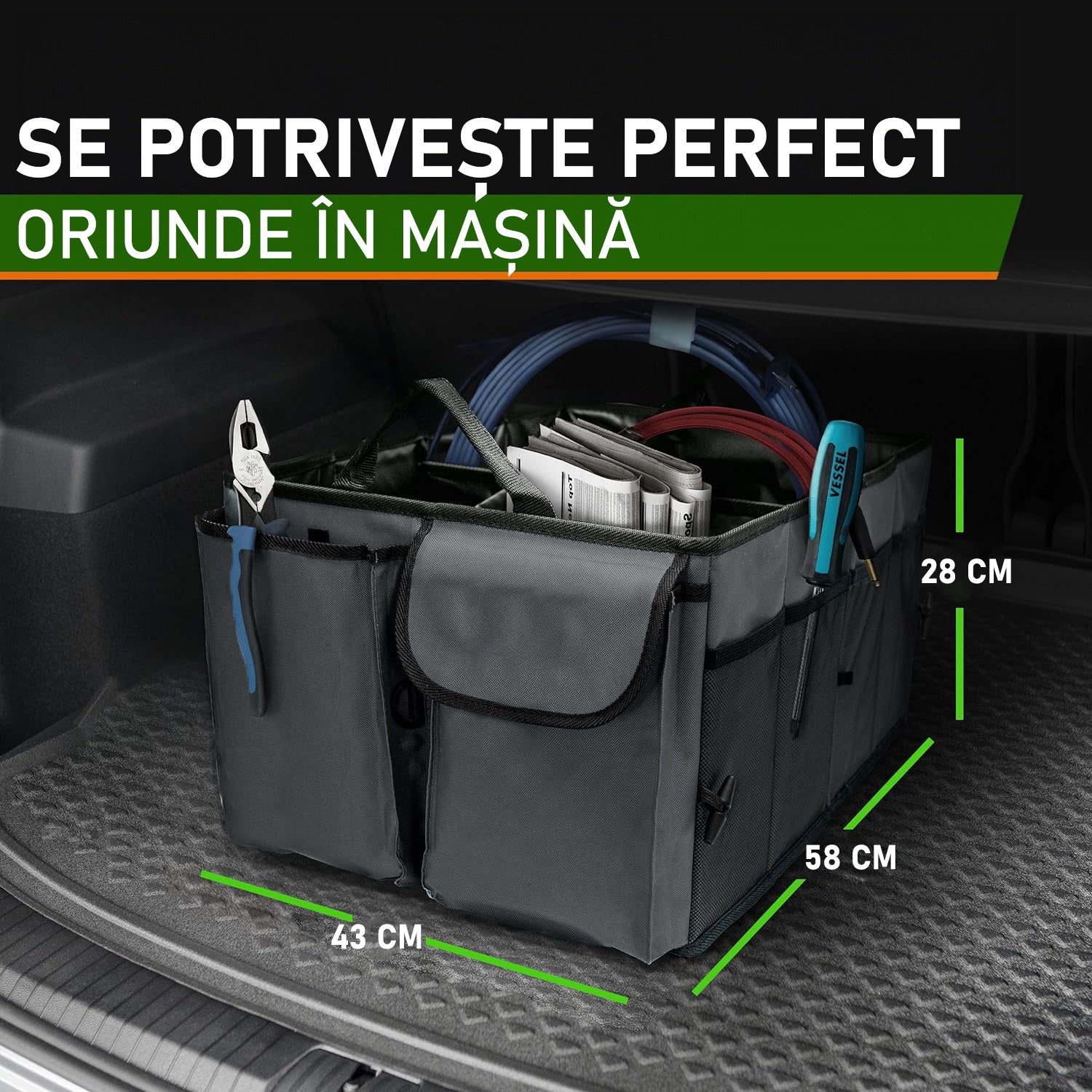 Organizator portbagaj auto NextWave®️ cu chingi de ancorare, Multifunctional, Pliabil, 9 compartimente, Capacitate 60L – imaginea 2