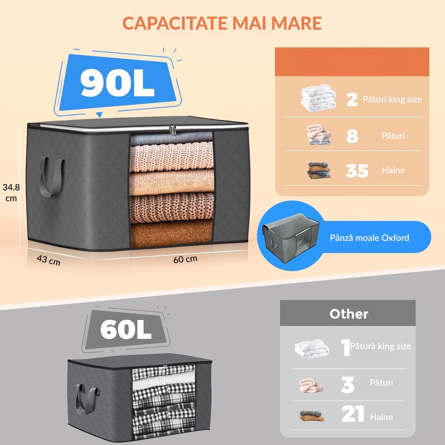 Set 6 huse depozitare cu fermoar NextWave®️, Organizator pentru haine, Cu fereastra transparenta, Rezistent la praf si – imaginea 2