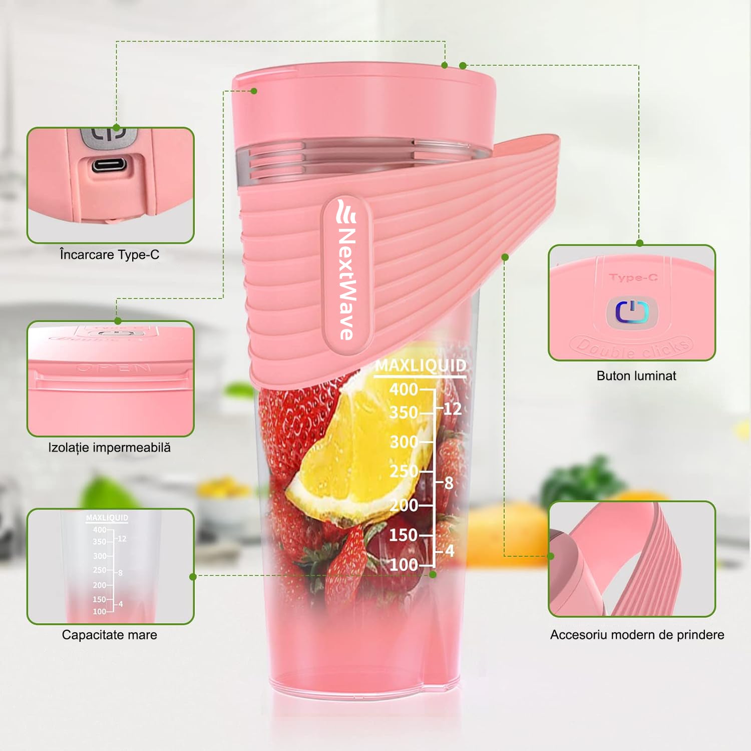 Mini Blender Electric NextWave™, Portabil, Multifunctional, Auto-curatare, Autonomie Mare 40 utilizari, Baterie – imaginea 2