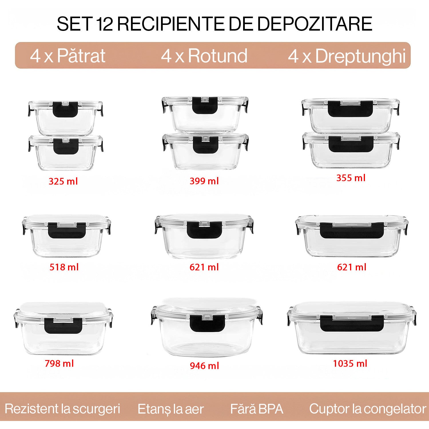 Set 12 Caserole Alimentare din sticla NextWave®️ Capace Etanse, Depozitare Frigider si Congelator, Potrivite pentru – imaginea 2