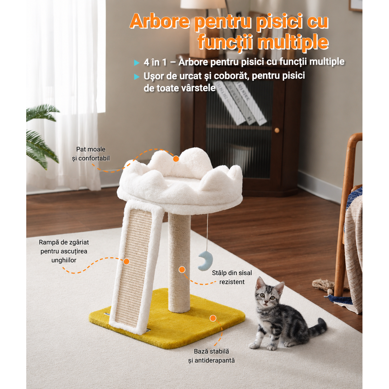 Ansamblu de joaca pentru pisici NextWave®, cu pat moale in forma de nor, platforma captusita, stalp si placa de zgariat din – imaginea 2