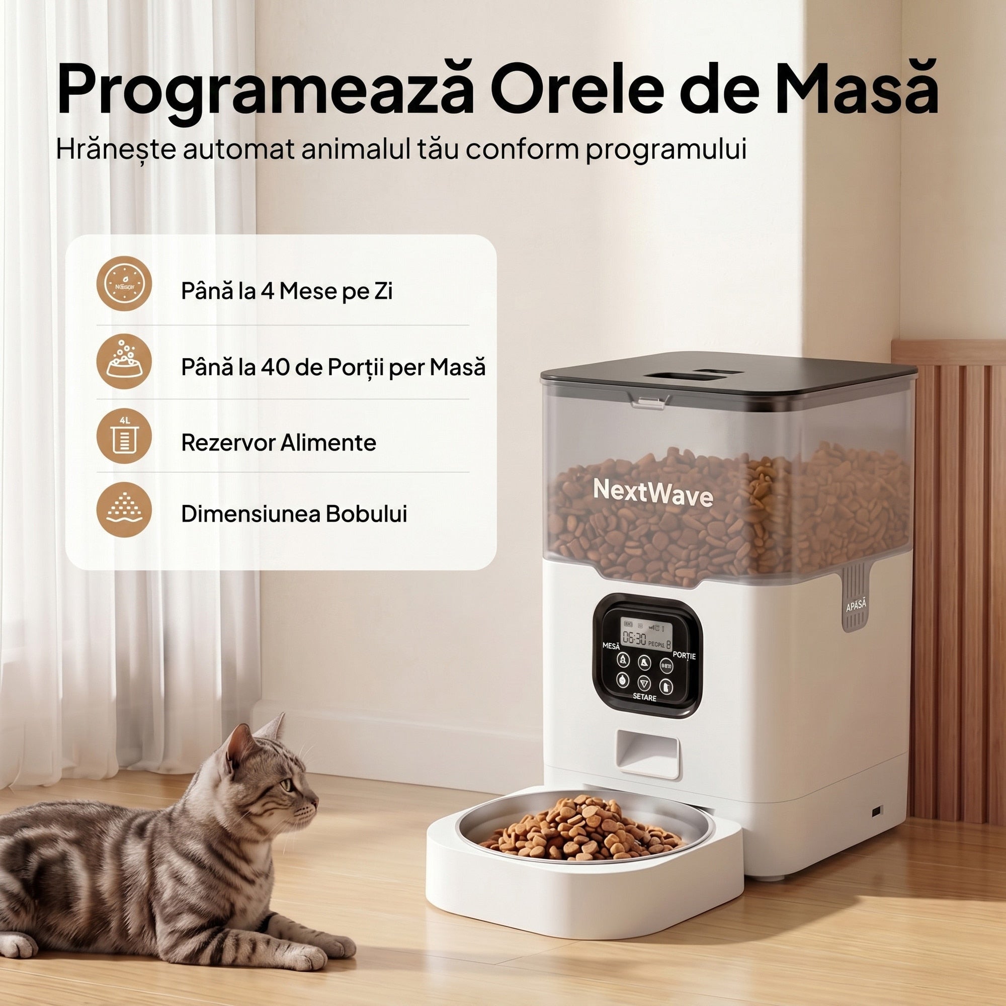 Hranitor Automat Digital Pisici si Caini NextWave®, Dispenser 4L, Rezervor Transparent, Mesaj Vocal Personalizat, 4 Mese/Zi – imaginea 2