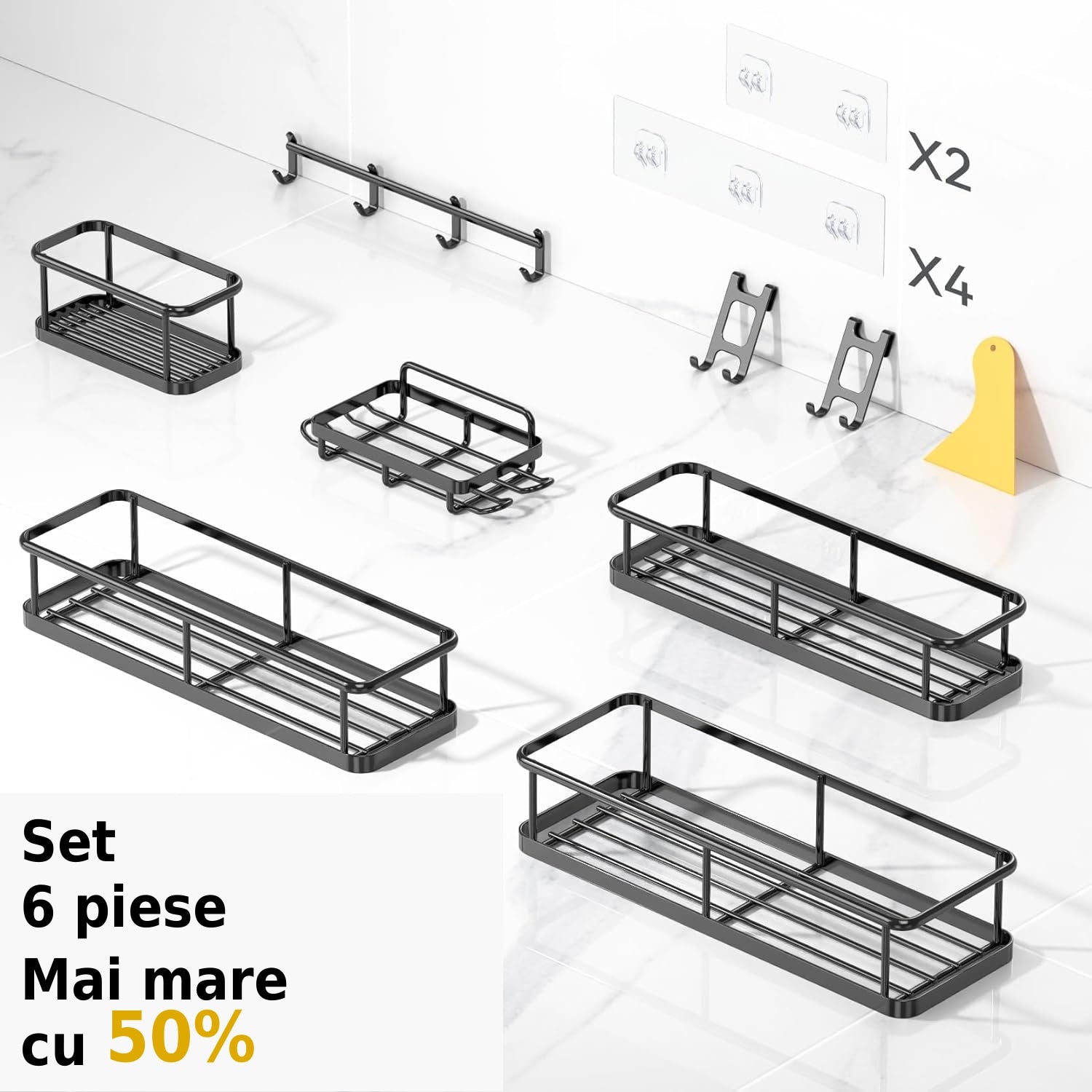 Raft de baie NextWave® la set, 6 piese cu 3 etajere mari, 1 raft compact, suport pentru sapun si sistem cu carlige, montare – imaginea 2