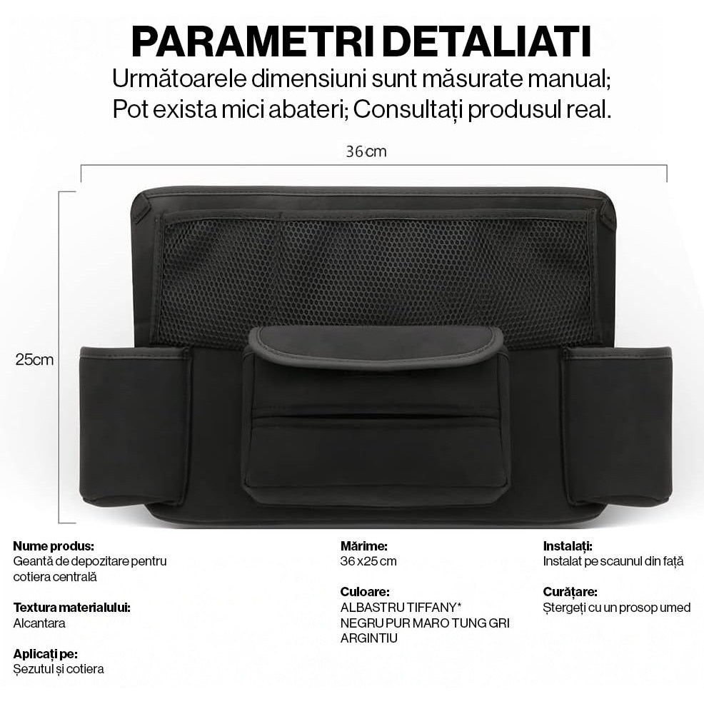 Organizator intre scaune auto NextWave®️, suport pretios cu 5 compartimente, material suede & piele ecologica, capacitate – imaginea 2