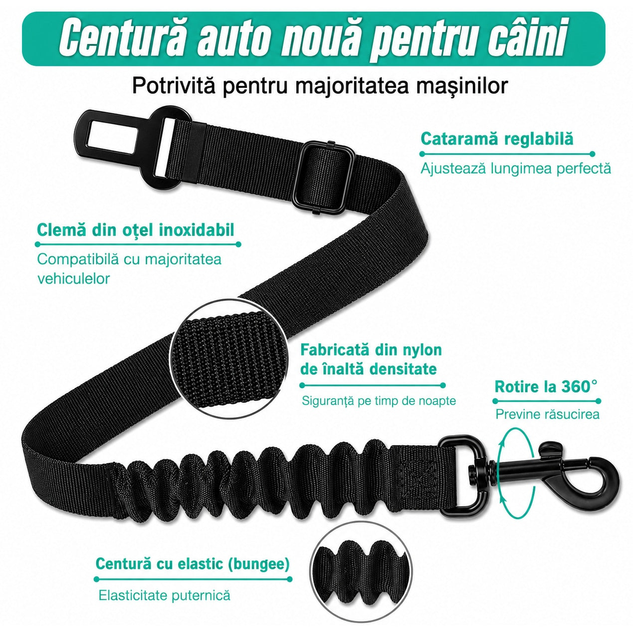 Centura auto NextWave® pentru siguranta cainilor, reglabila 61-79 cm, chinga din nailon rezistent cu cusaturi ranforsate – imaginea 2