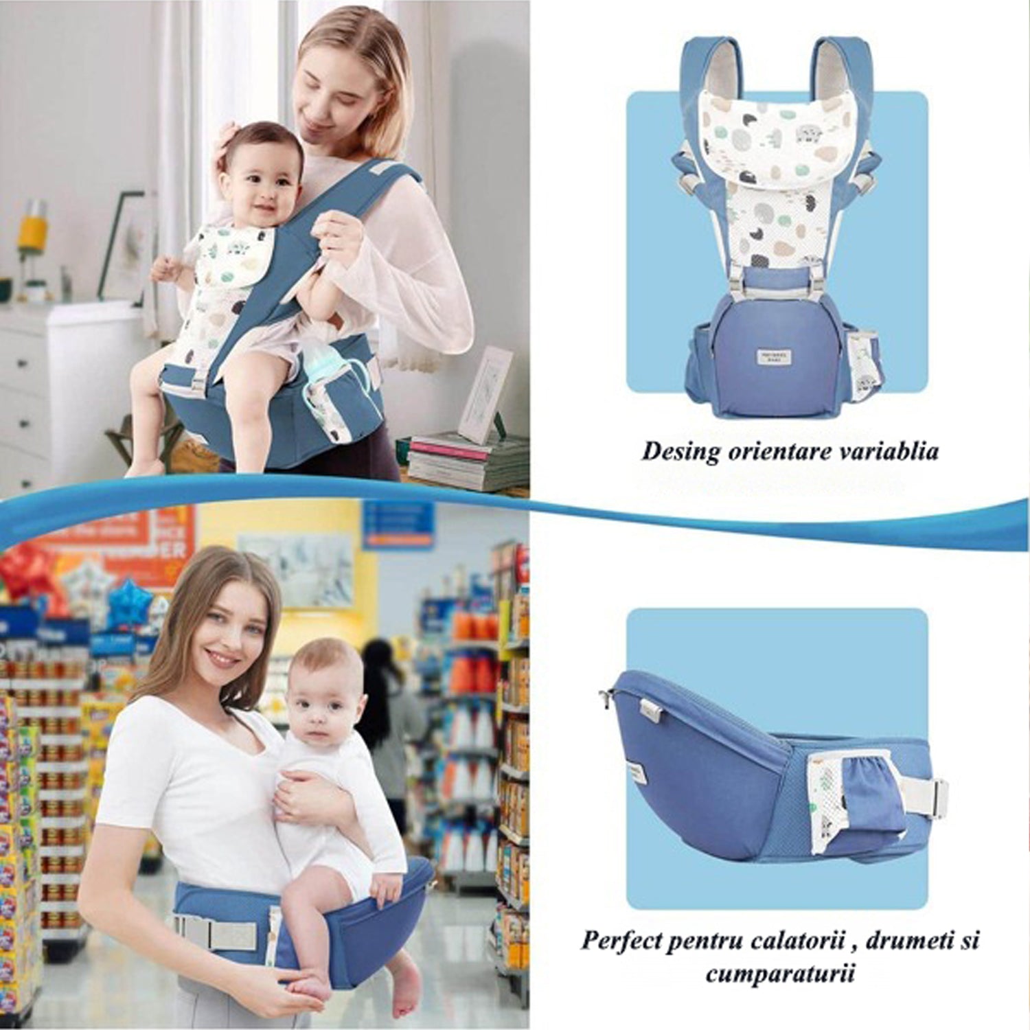 Marsupiu Ergonomic pentru bebe, Multifunctional 2 in 1 ajustabil si detasabil, support sezut si lombar, 0-36l luni, all – imaginea 2