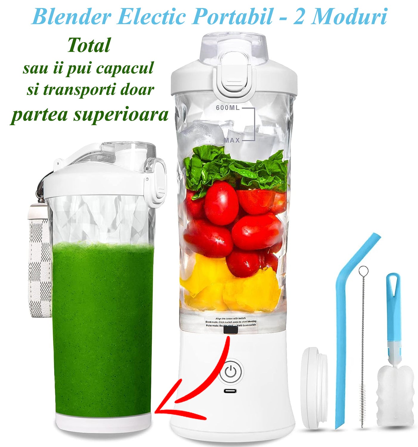 Mini Blender Electric Portabil NextWave™, Multifunctional, Auto-curatare, Autonomie Mare, Recipient detasabil cu capac – imaginea 2