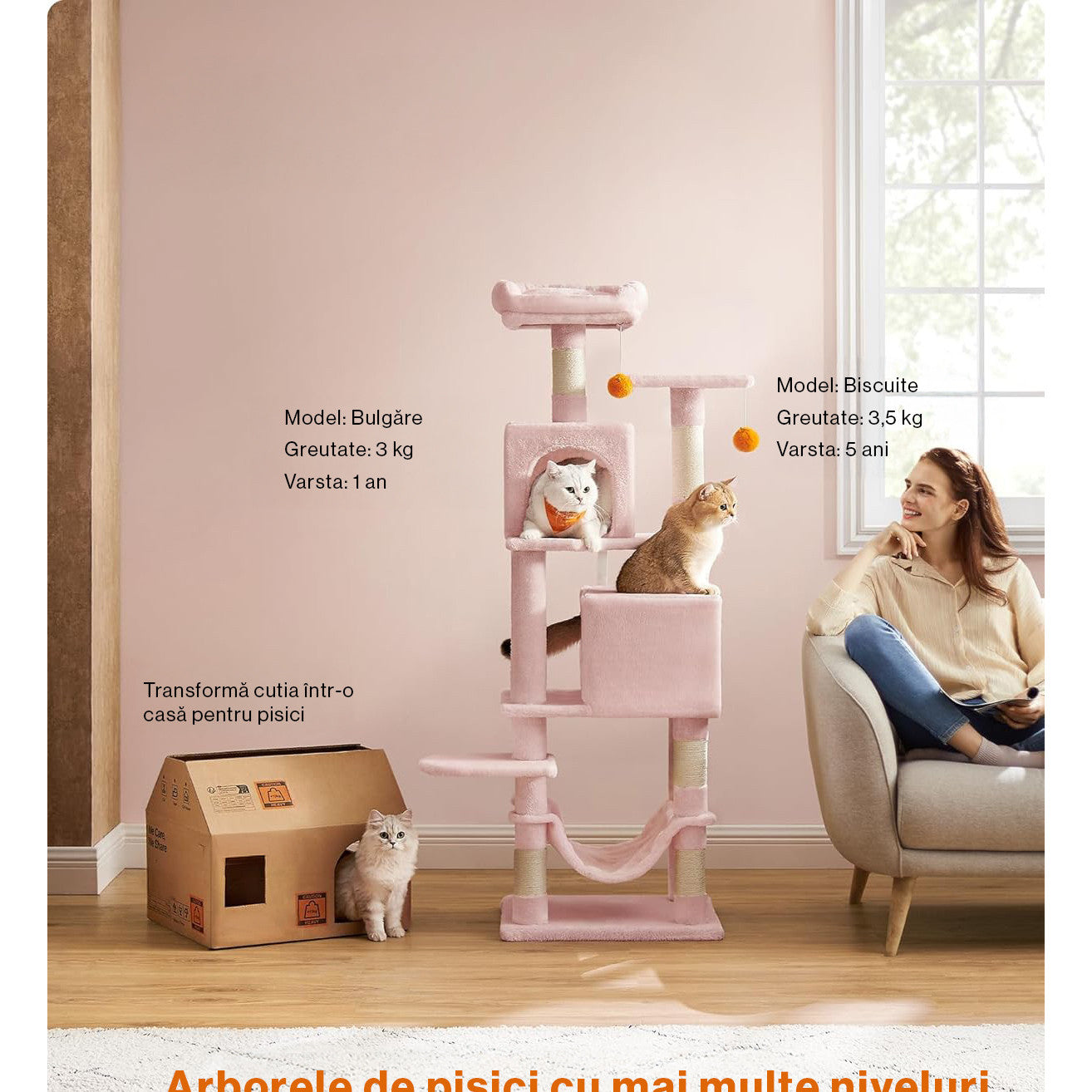 Ansamblu de Joaca pentru Pisici NextWave®, tip turn, 2 platforme de observatie, 3 niveluri, 2 casuta, 5 stalpi pentru – imaginea 2