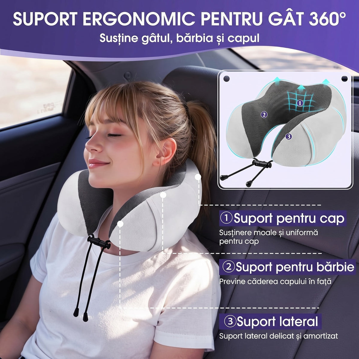 Pernă de călătorie pentru gât NextWave®️, suport ergonomic 360° pentru cap și bărbie, cataramă reglabilă, include mască de – imaginea 2