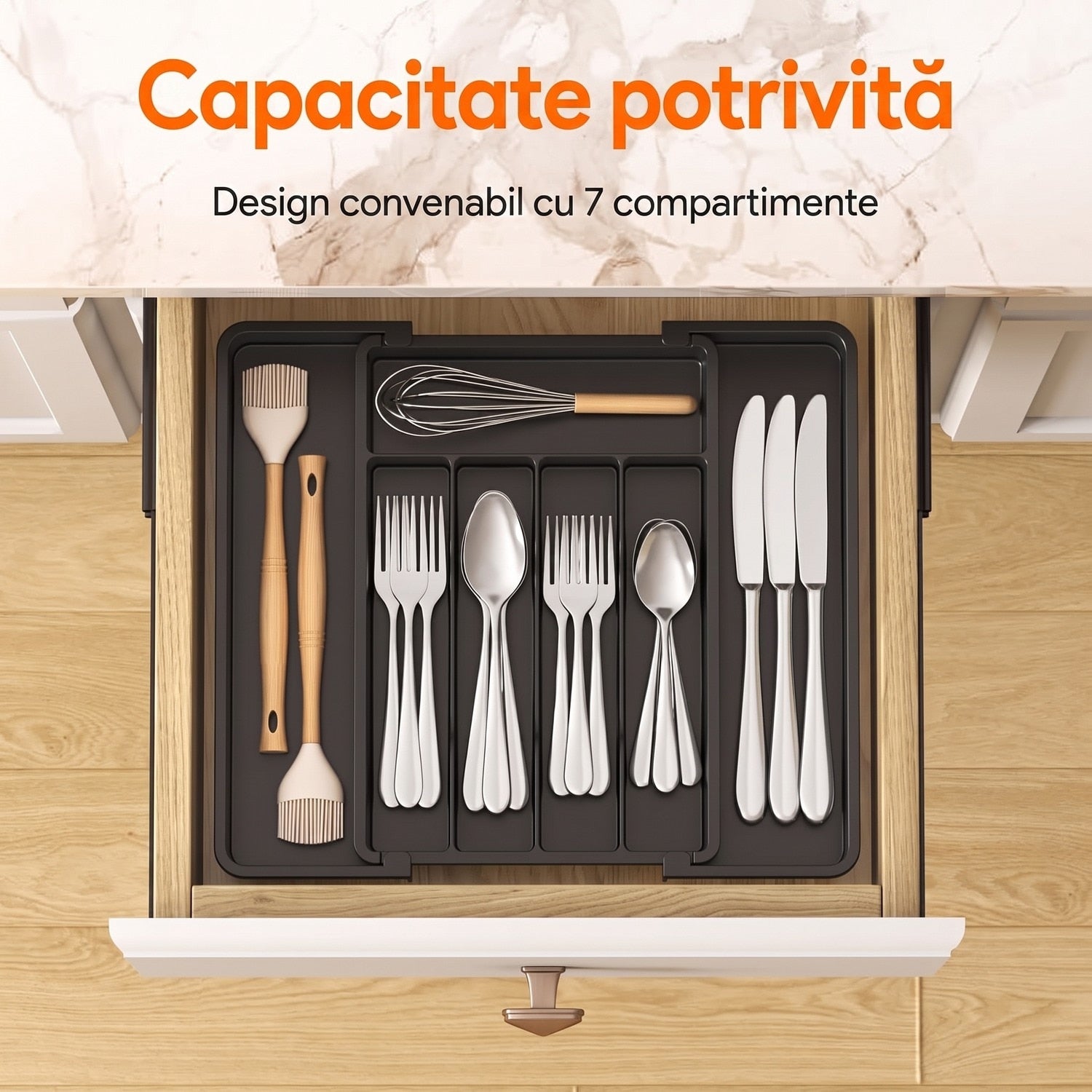 Organizator extensibil pentru tacamuri si ustensile de bucatarie NextWave® – suport sertar ajustabil 33–57 cm, cu 7–9 – imaginea 2