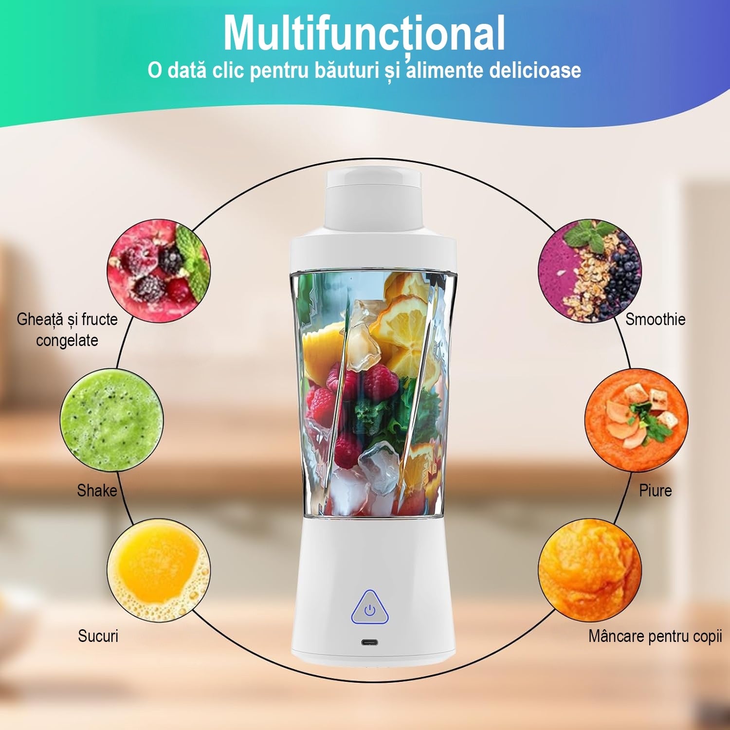 Mini Blender Electric Portabil NextWave™, Multifunctional, Auto-curatare, Autonomie Mare, Recipient detasabil cu capac – imaginea 2