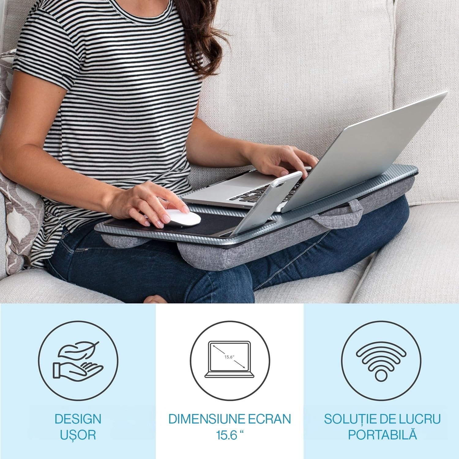Masa laptop pentru poala NextWave®️ cu mouse pad, suport telefon, perna dubla, pentru pat, birou, canapea, masina, greutate – imaginea 2