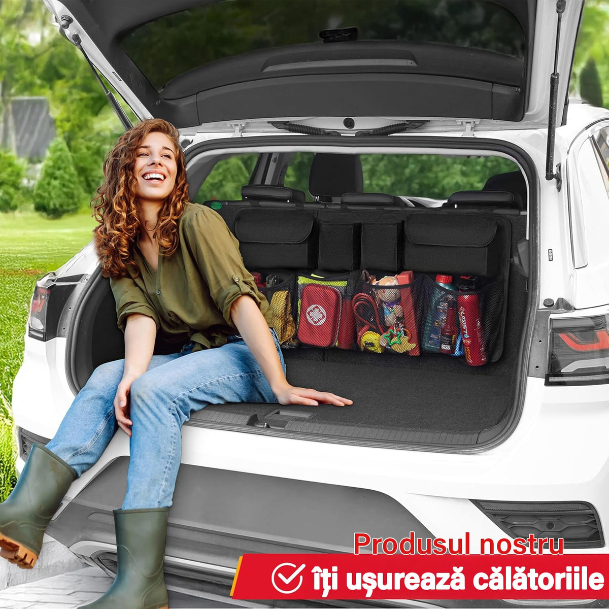 Organizator portbagaj auto suspendat NextWave®️, material Oxford 600D impermeabil, 8 buzunare incapatoare, benzi Velcro – imaginea 2
