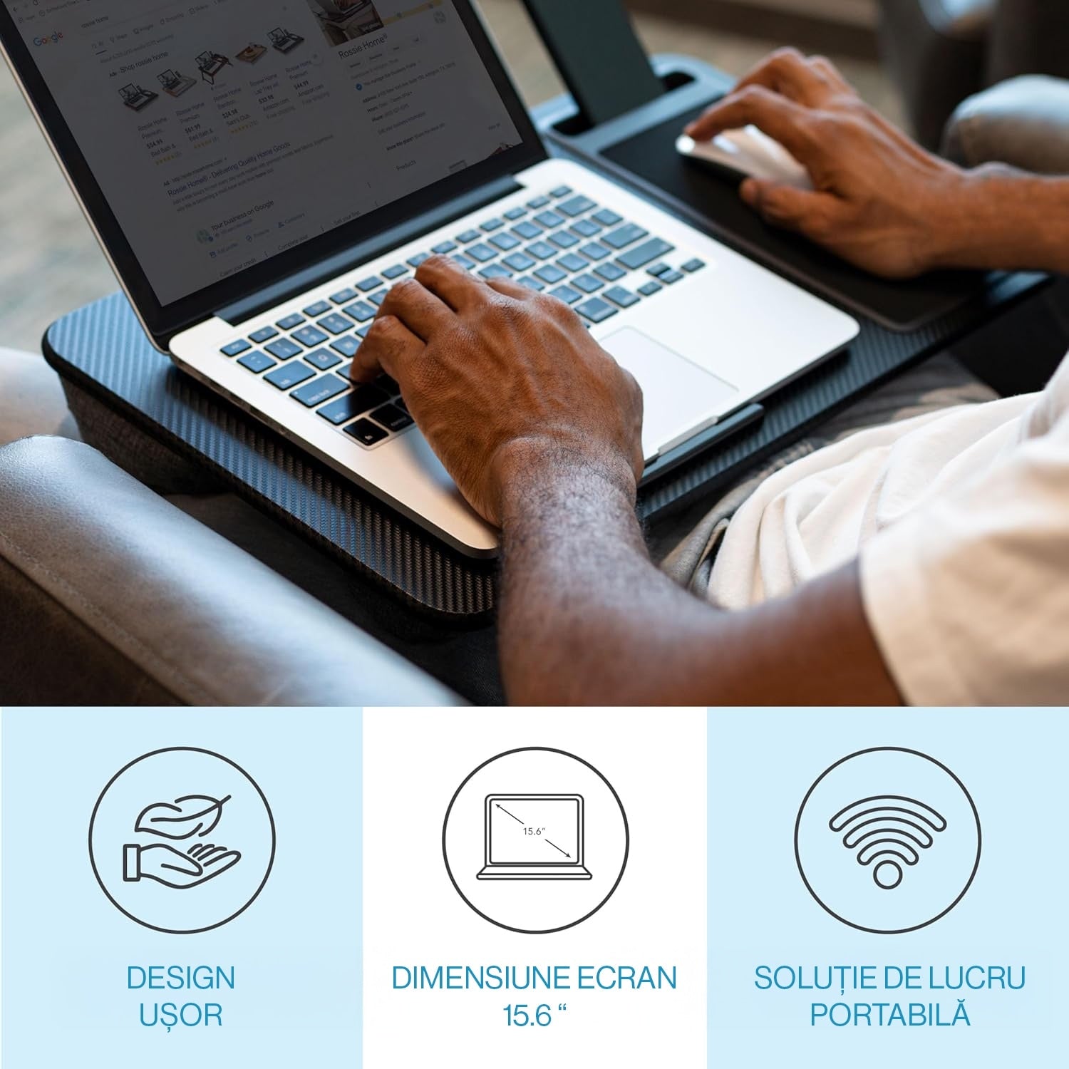 Masa laptop pentru poala NextWave®️ cu mouse pad, suport telefon, perna dubla, pentru pat, birou, canapea, masina, greutate – imaginea 2
