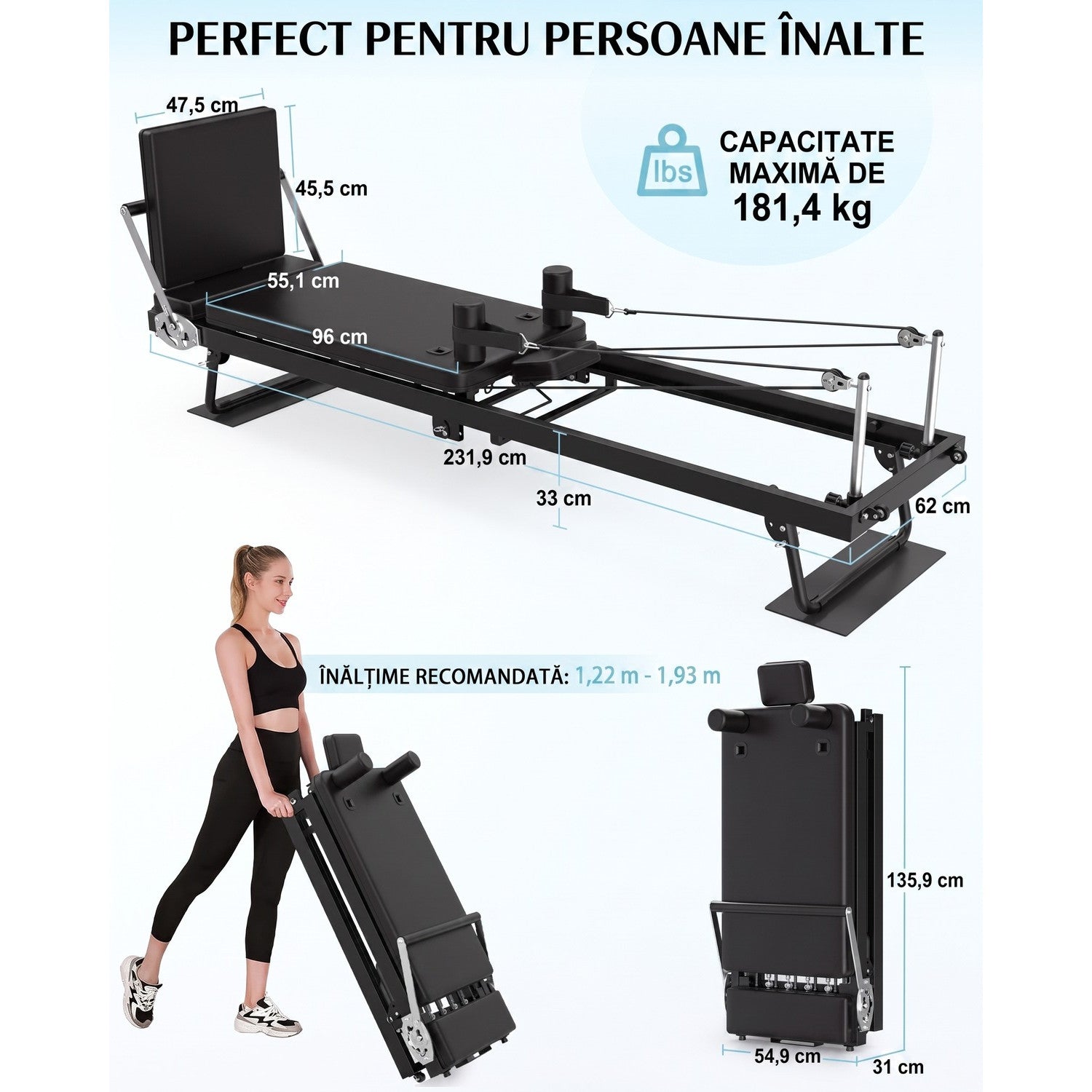 Aparat Pilates Reformer pliabil NextWave®️, pentru antrenamentul complet al corpului si recuperare, rezistenta dubla – imaginea 2