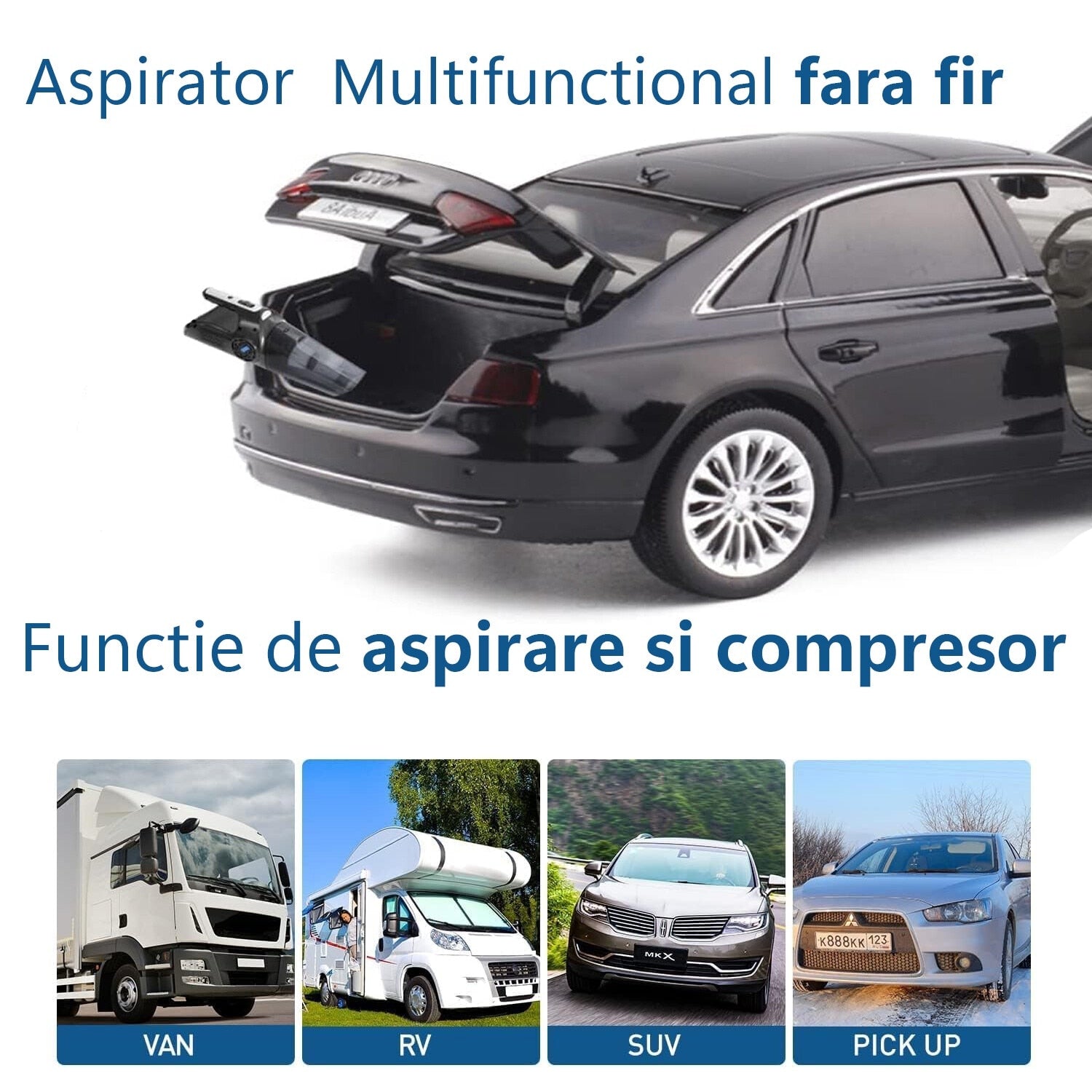 Aspirator Auto si Compresor Portabil Multifunctional cu Acumulator, Functie de Aspirare Umeda si Uscata, Umflare Roti cu – imaginea 2