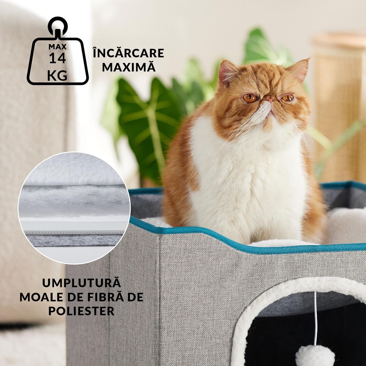 Casa pentru pisici NextWave® cu doua zone, bila pufoasa si zona de zgariat, Pliabila, Moale si pufoasa, Respirabila, Usoara – imaginea 2