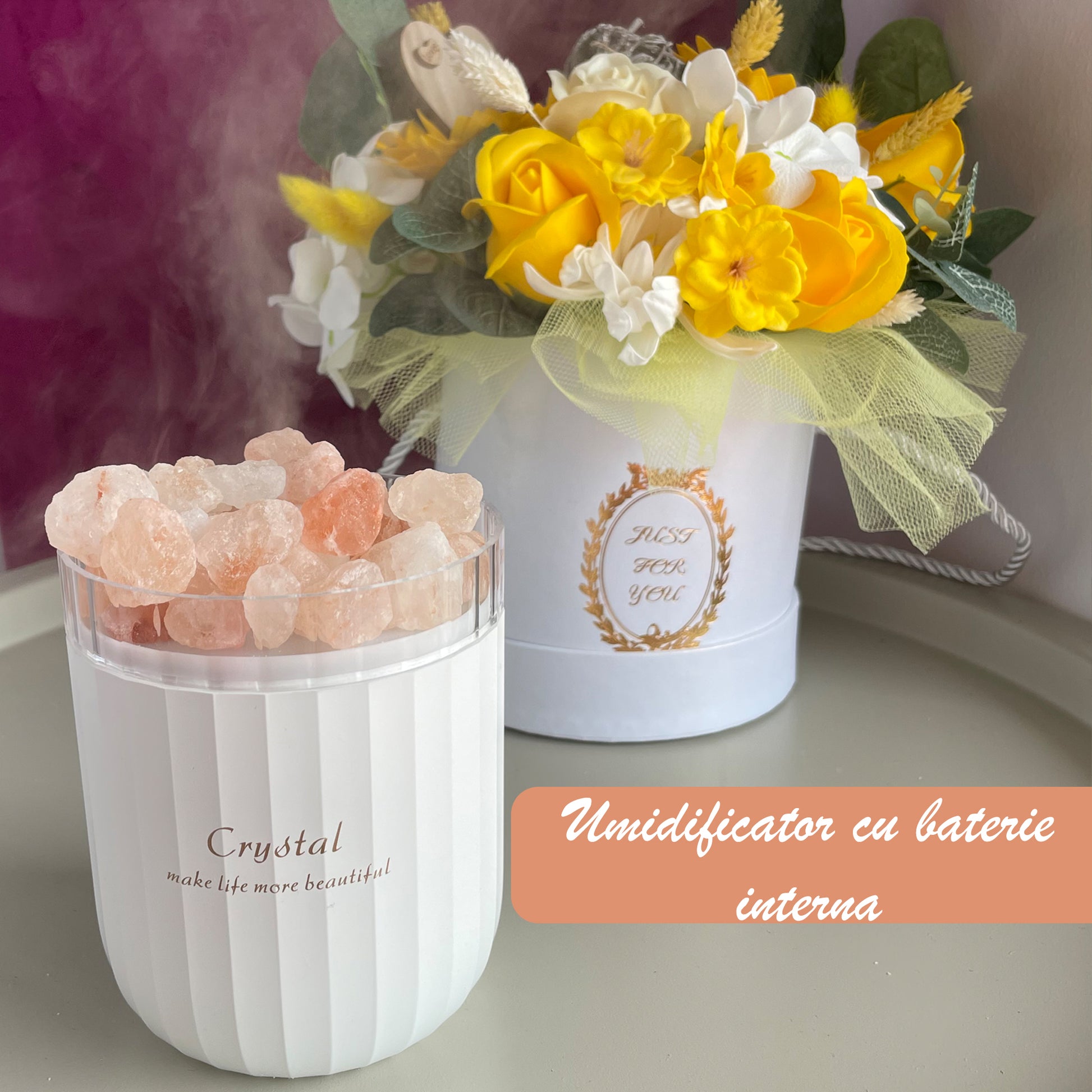 Umidificator de aer Ultrasonic NextWave®, cu difuzor aromaterapie, pietre din sare de Himalaya, Baterie reincarcabila – imaginea 2