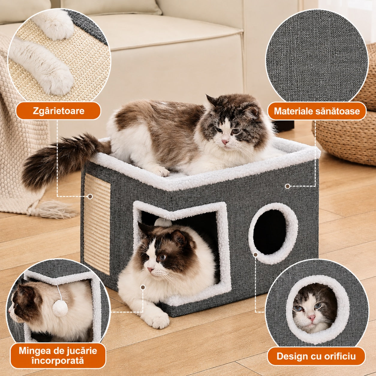 Casa Pisici NextWave®, Casuta Pliabila Tip Pestera, Pat Interior cu Platforma Superioara, Ansamblu de Zgariat Sisal, Minge – imaginea 2