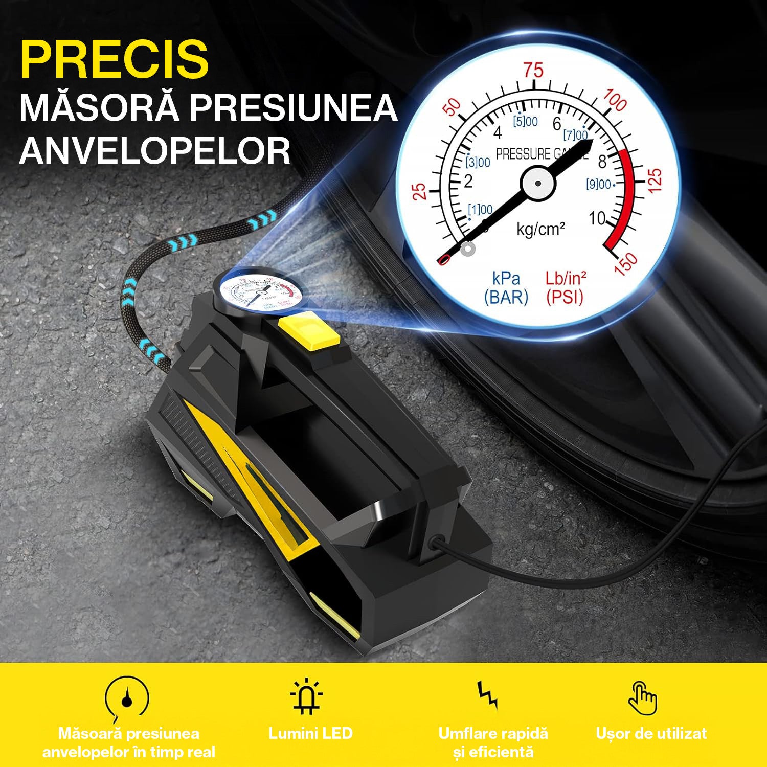 Compresor auto portabil NextWave 12V, manometru digital, 150 PSI, galben-negru – imaginea 2