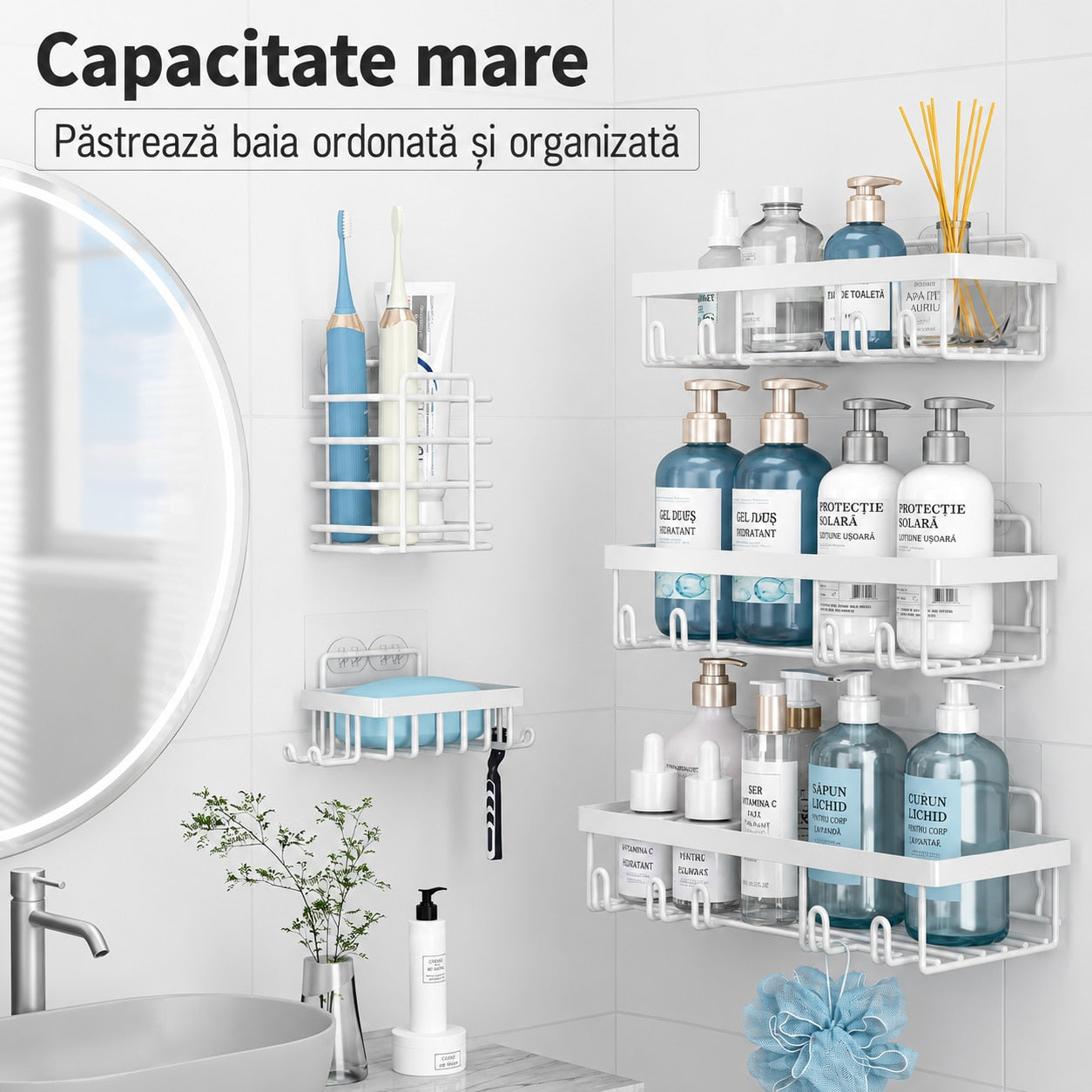 Raft de baie NextWave®, set 5 piese cu 3 etajere pentru dus, 1 suport pentru sapun si 1 suport pentru periute de dinti, din – imaginea 2