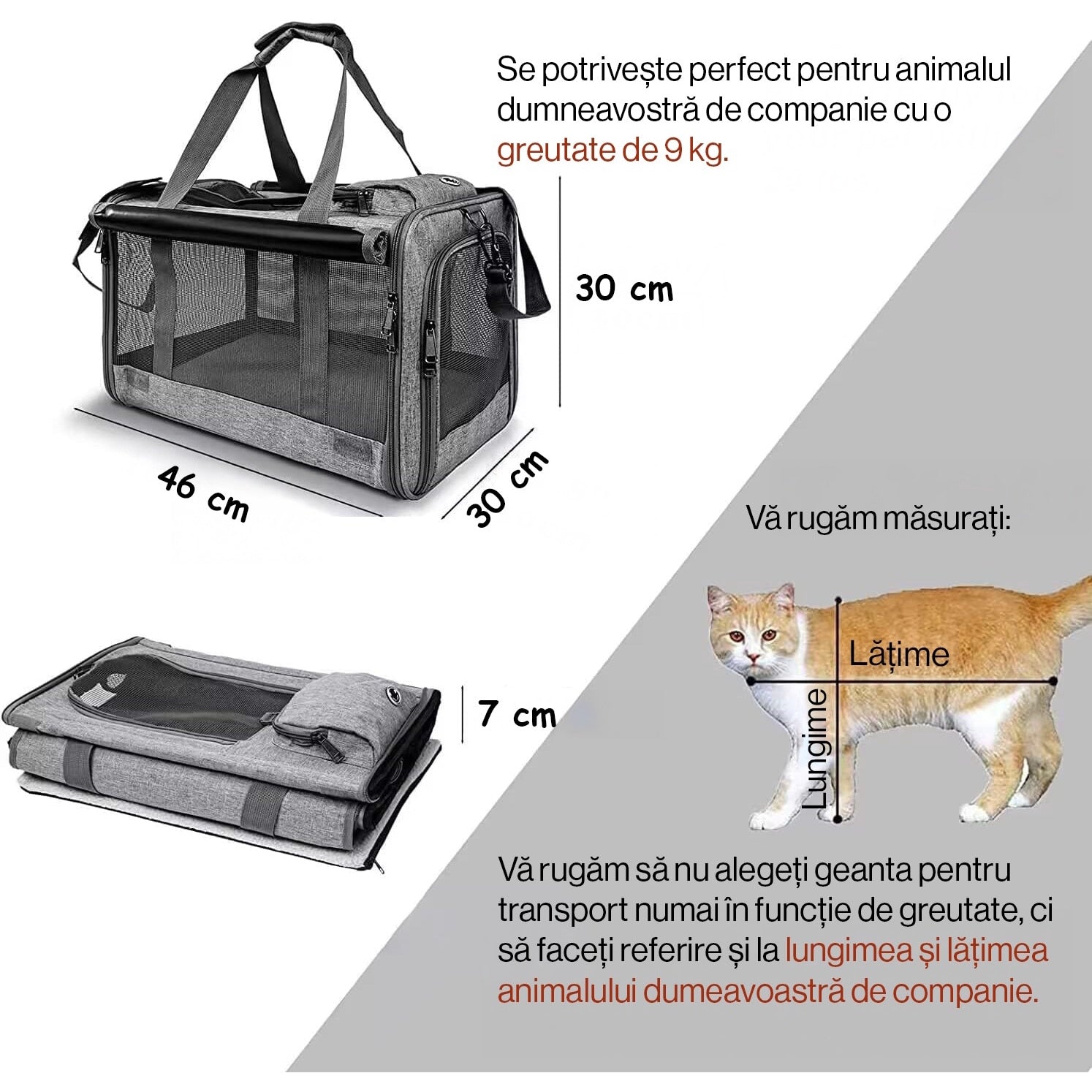 Geanta pentru transport animale mici NextWave®, pisica, caine, iepure, din panza, 46x30x30, Baza rezistenta cu covoras, Usor – imaginea 2