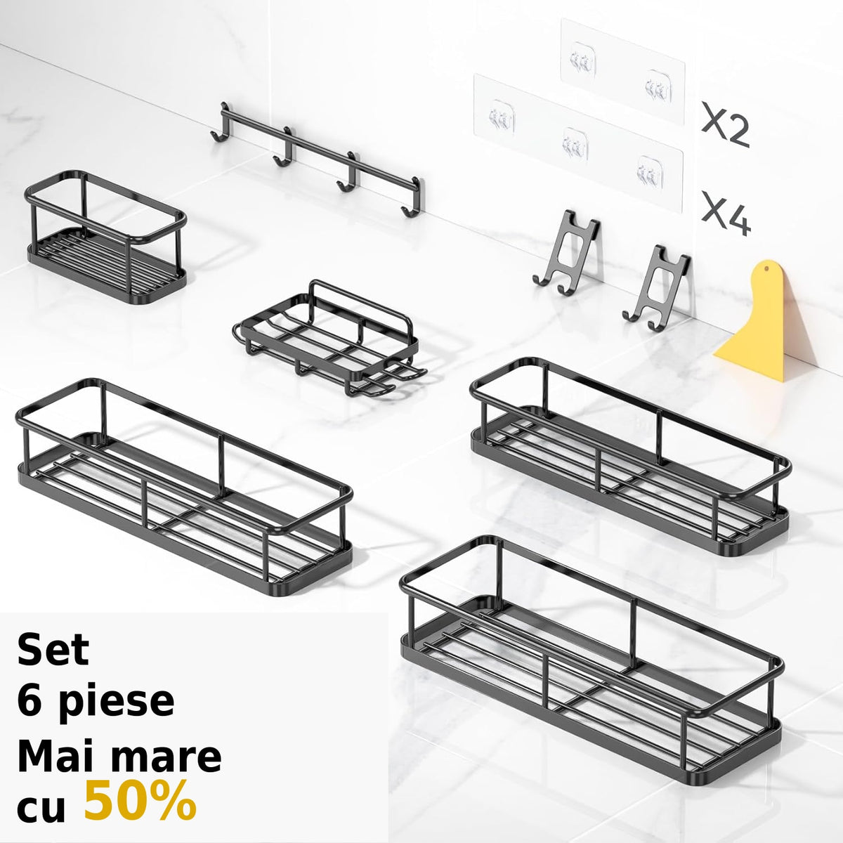 Raft de baie NextWave® la set, 6 piese cu 3 etajere mari, 1 raft compact, suport pentru sapun si sistem cu carlige, montare – imaginea 2