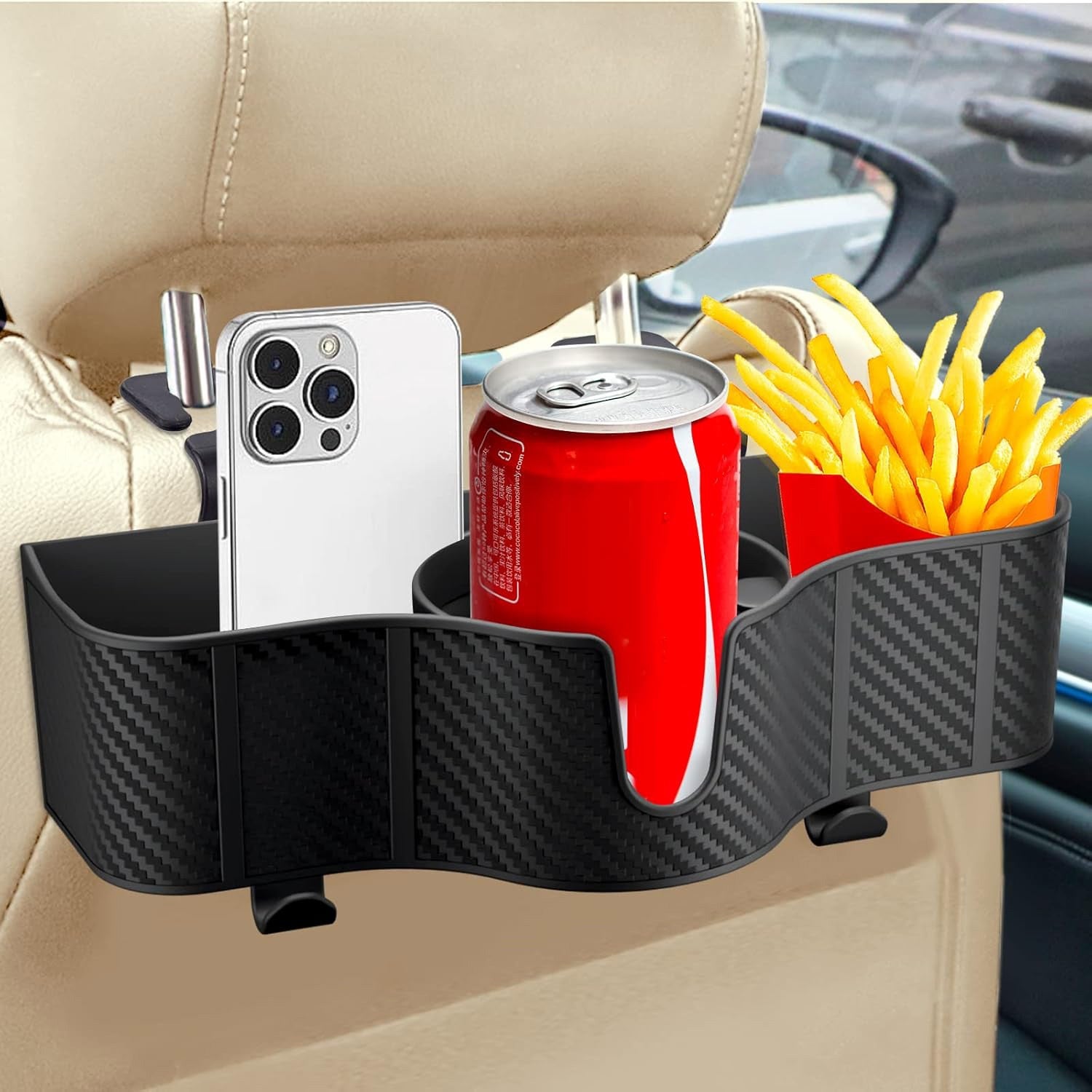 Set 2 Organizatoare Auto Spate NextWave®, 3-in-1 cu Suport Pahar, Depozitare Accesorii, Carlige Reglabile, Plastic Durabil – imaginea 2