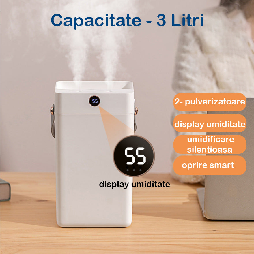 Umidificator de aer Ultrasonic NextWave® cu 2 Difuzoare aromaterapie, rezervor 3L, display umiditate, pentru Casa si Birou – imaginea 2