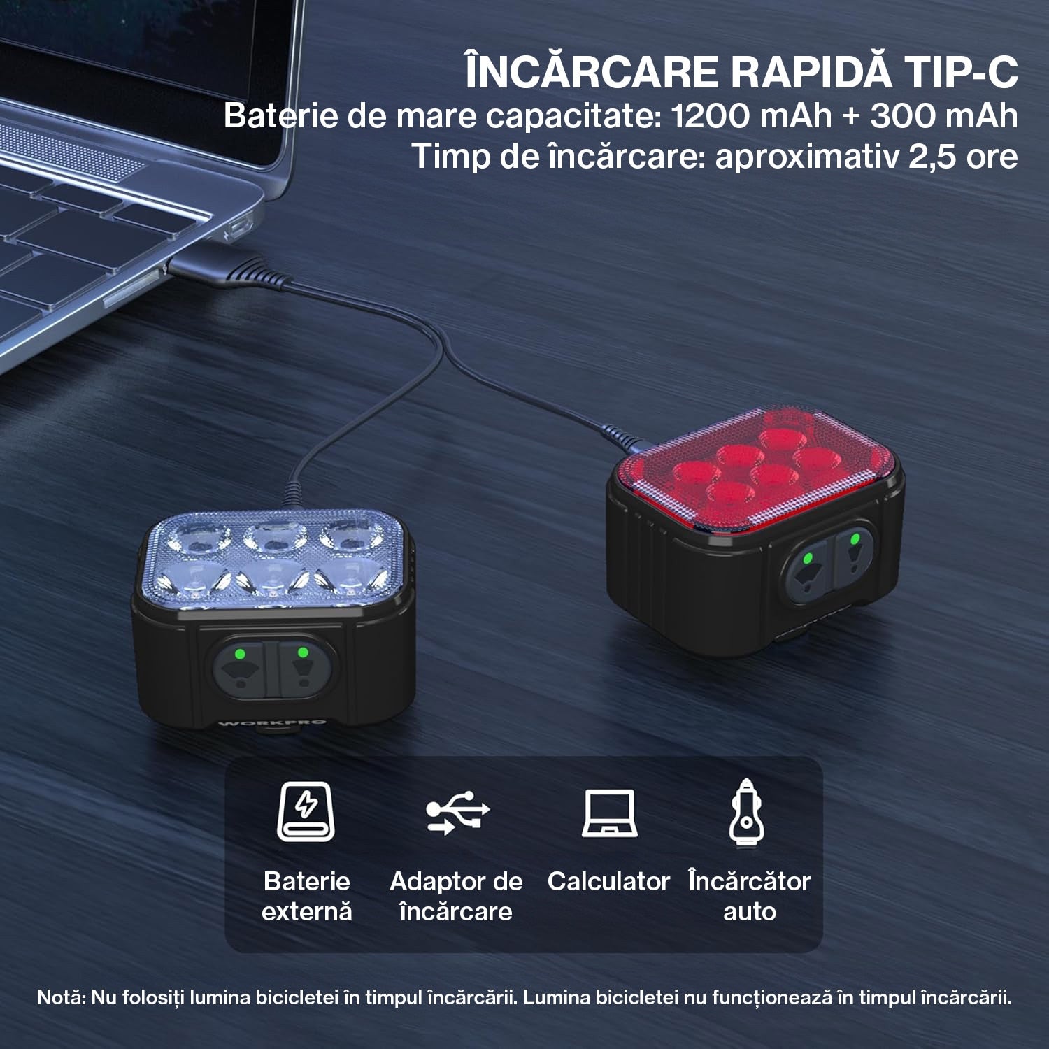 Set lumini bicicleta 25 de LED-uri, far bicicleta fata spate BeGenius®, USB reincarcabil cu acumulator 1100mAh, 4 Moduri de – imaginea 2