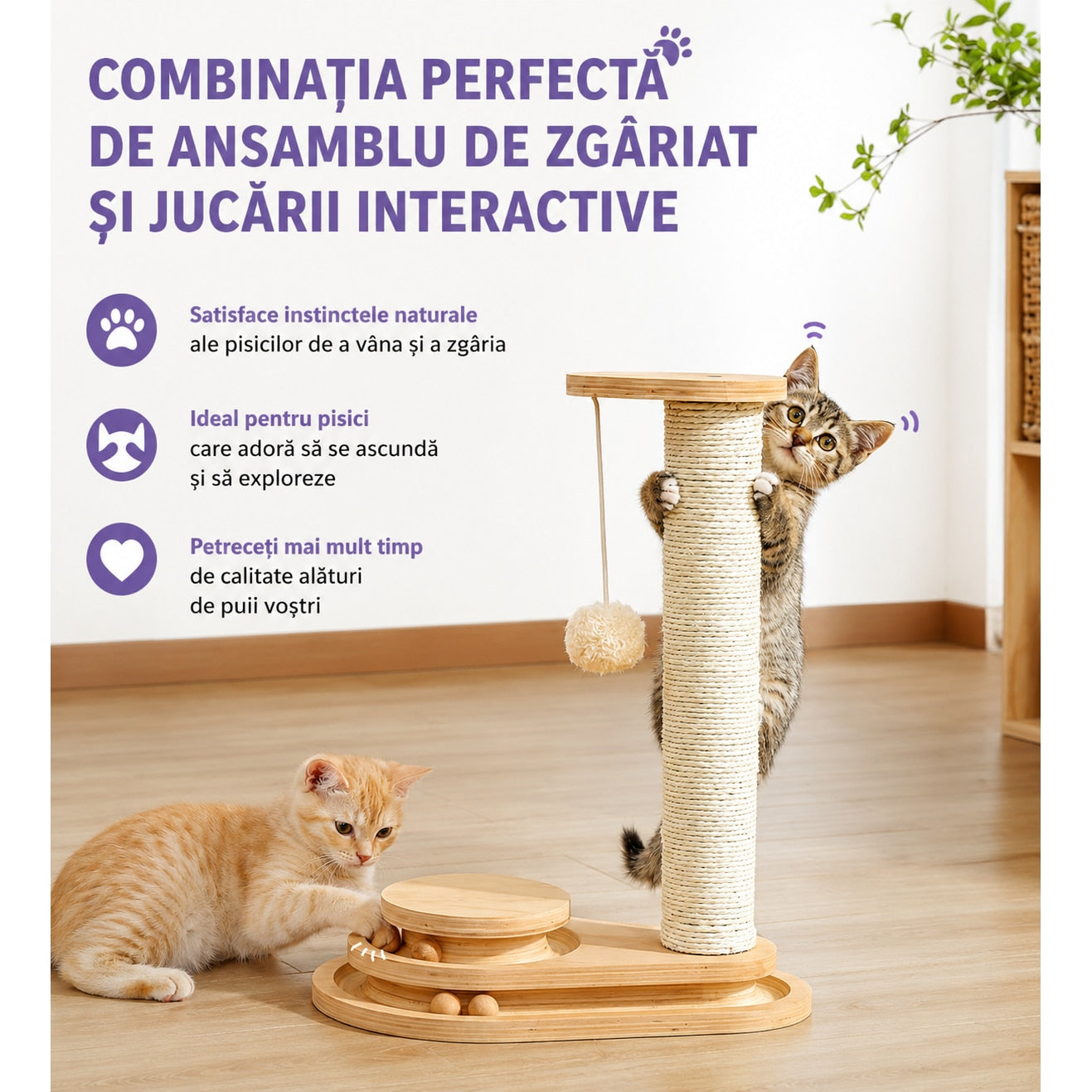 Stalp de zgariat pentru pisici NextWave®, cu sisal natural, baza interactiva stabila din placa pe baza de lemn, 4 mingi – imaginea 2