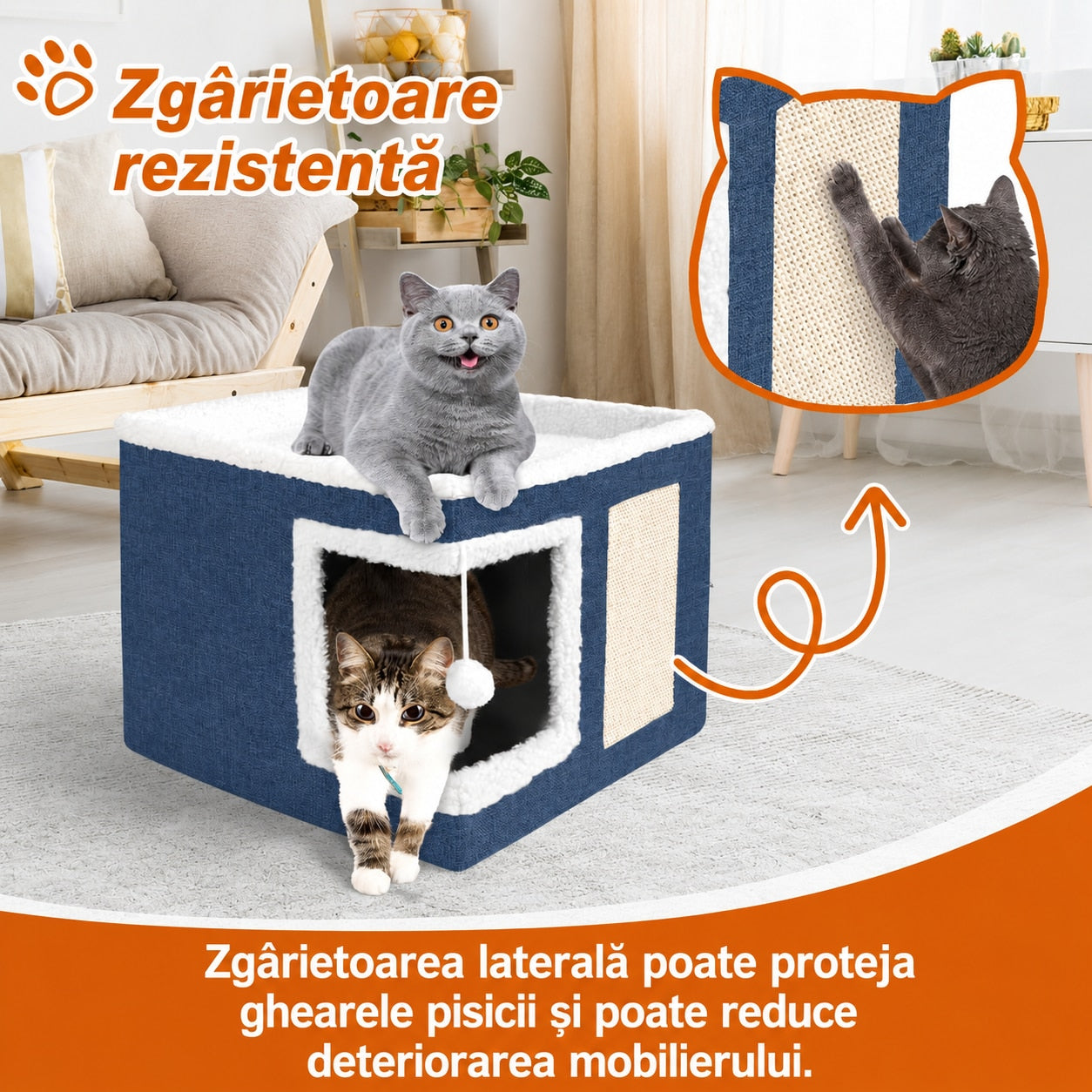 Casa Pisici NextWave®, Casuta Moale pentru Interior, Pat Tip Pestera cu Perna Detasabila, Material Bumbac, Design – imaginea 2