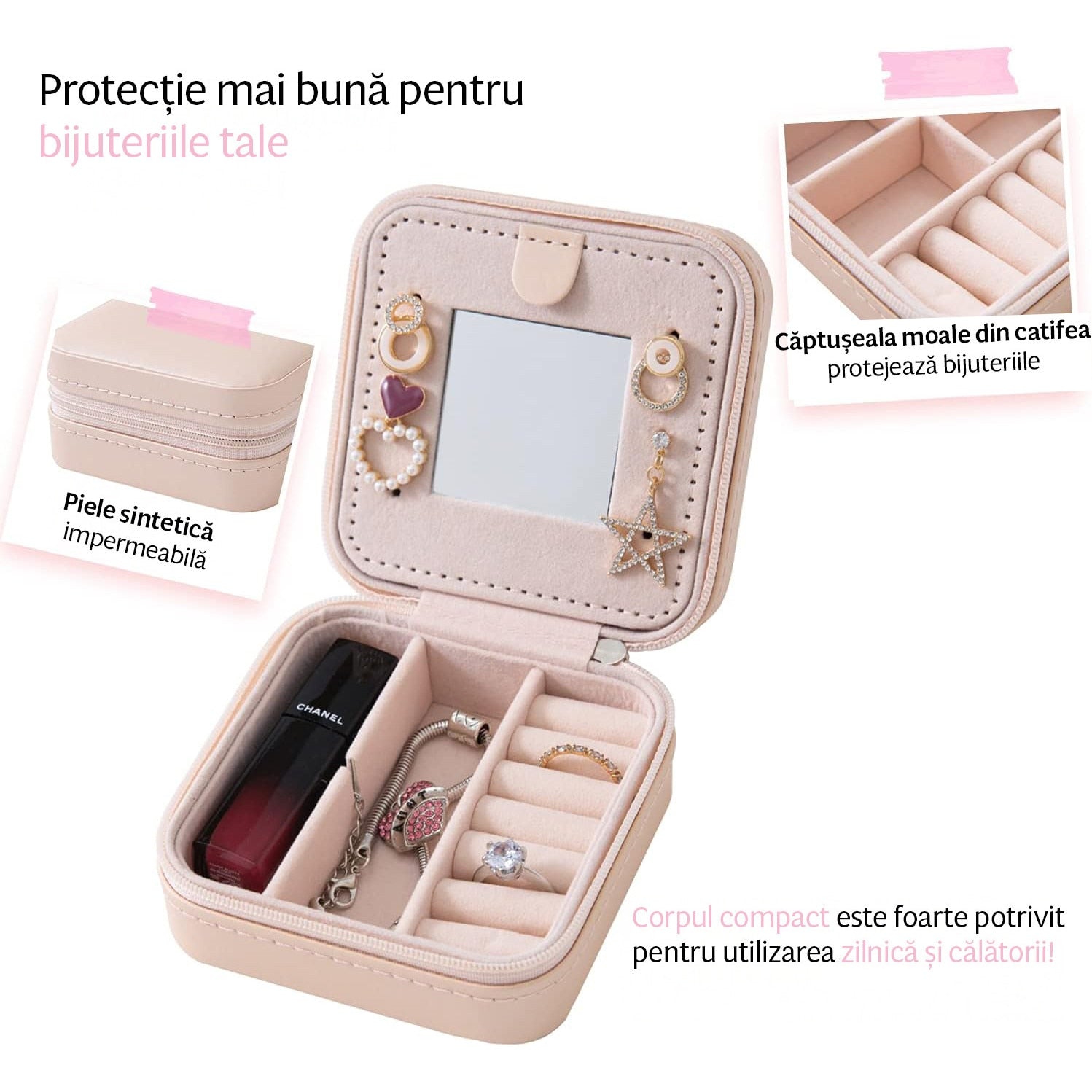 Cutie bijuterii NextWave® portabila din piele ecologica, design modern cu oglinda integrata si compartimente – imaginea 2