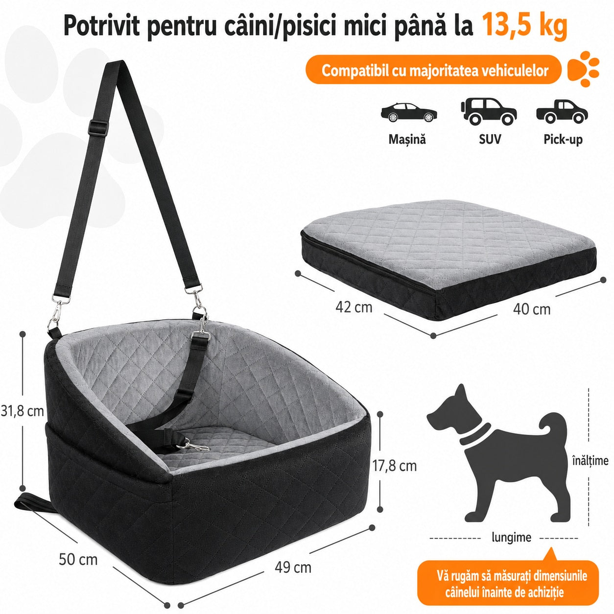 Scaun auto NextWave® pentru caini, detasabil si lavabil, pentru animale de pana la 13,6 kg, cu lesa de siguranta, curele – imaginea 2