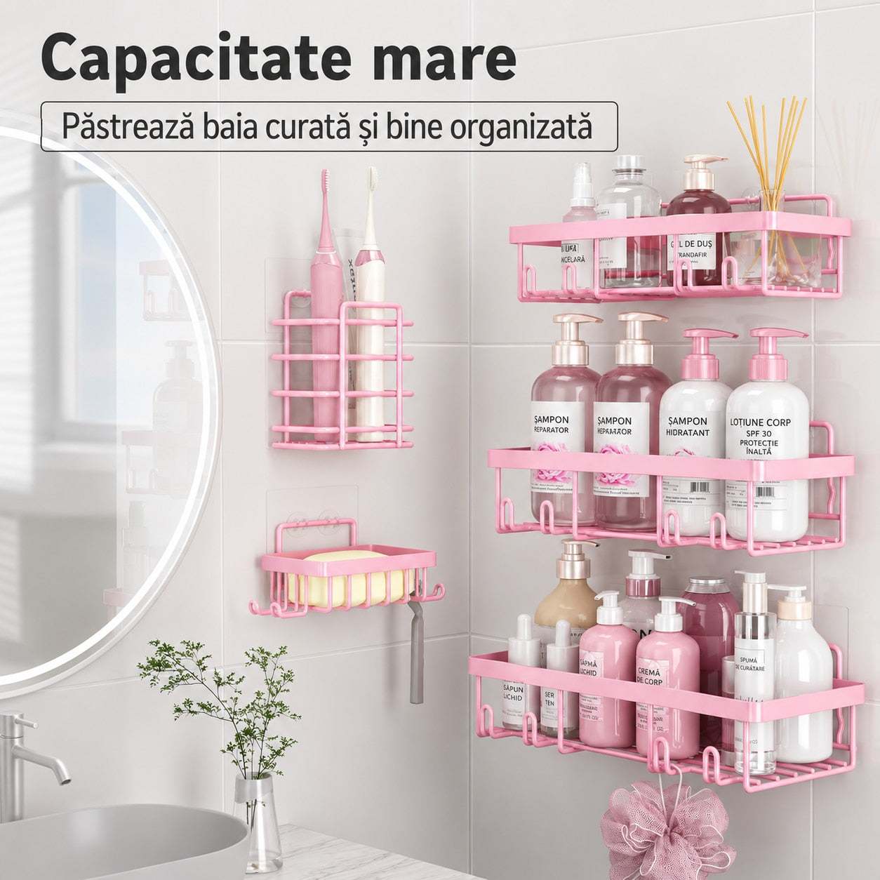 Raft de baie NextWave®, set 5 piese cu 3 etajere pentru dus, 1 suport pentru sapun si 1 suport pentru periute de dinti, din – imaginea 2