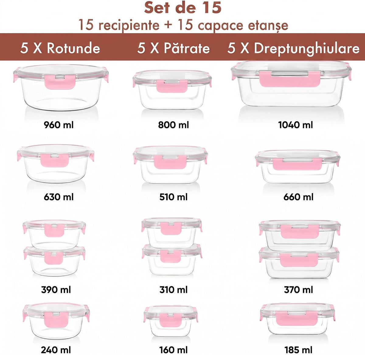 Set 15 Caserole Alimentare din sticla NextWave®️ Capace Etanse, Depozitare Frigider si Congelator, Potrivite pentru – imaginea 2