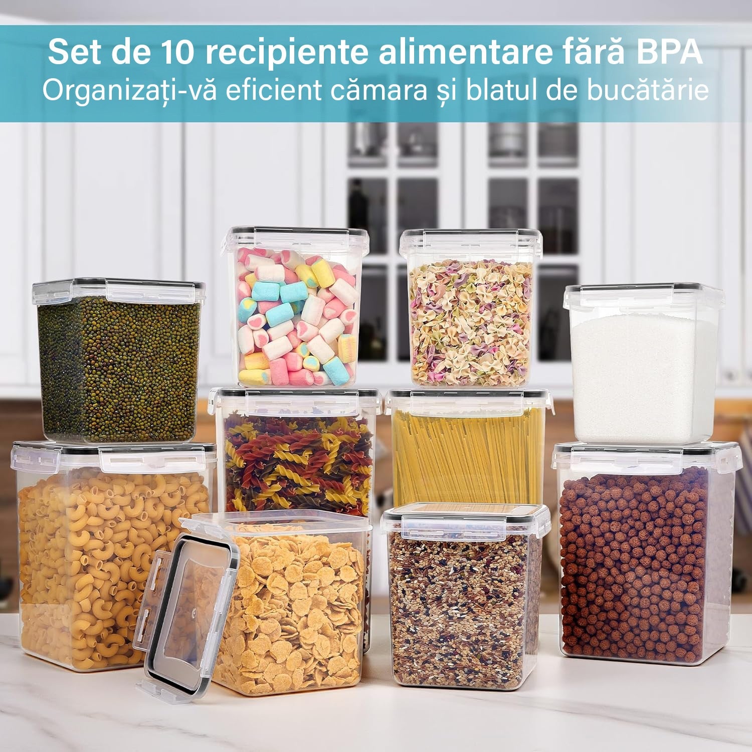 Set 10 recipiente ermetice pentru depozitare alimente NextWave® – plastic BPA Free, capace sigilabile, stivuibile, pentru – imaginea 2