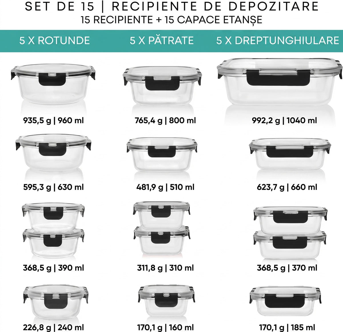 Set 15 Caserole Alimentare din sticla NextWave®️ Capace Etanse, Depozitare Frigider si Congelator, Potrivite pentru – imaginea 2