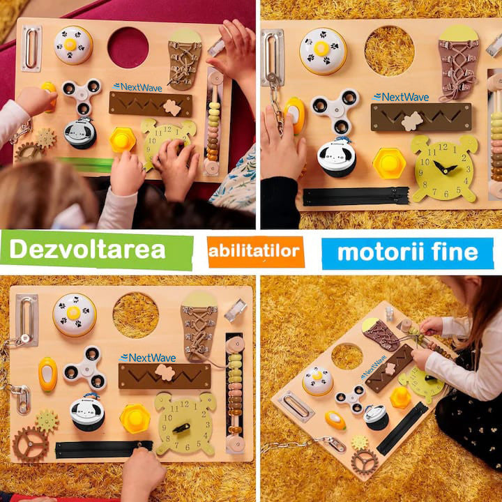 Placa senzoriala NextWave®, tabla de activitati Montessori din lemn cu 14 activitati educationale pentru invatarea – imaginea 2