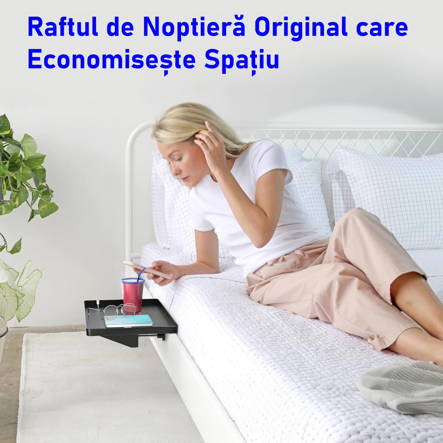 Raft pentru pat/noptiera NextWave®️, cu suport pentru telefon, incarcator, tableta si obiecte, prindere pentru cabluri – imaginea 2
