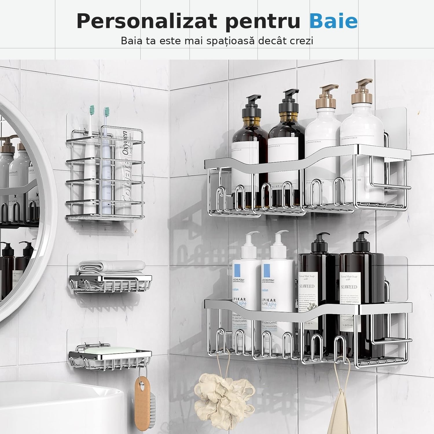 Raft de Baie NextWave® la set, 5 piese cu 2 rafturi pentru dus, 2 suporturi pentru sapun si 1 suport pentru periute, din – imaginea 2