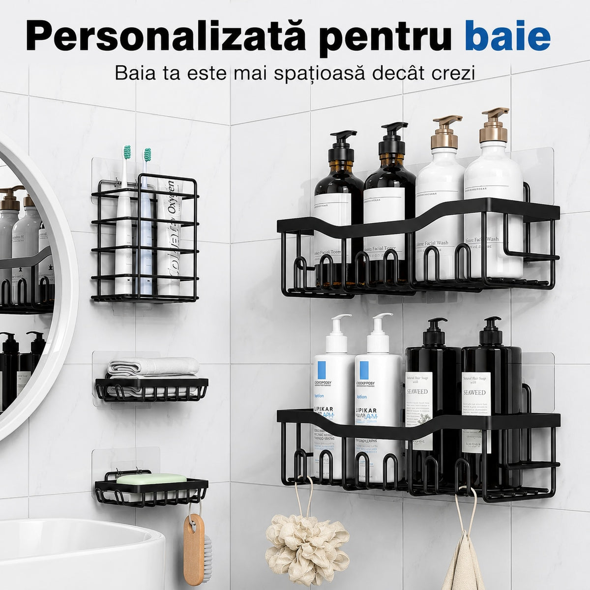 Raft de Baie NextWave® la set, 5 piese cu 2 rafturi pentru dus, 2 suporturi pentru sapun si 1 suport pentru periute, din – imaginea 2
