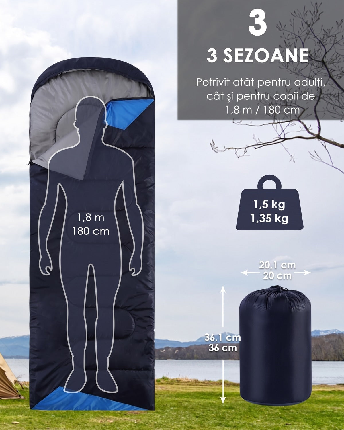 Sac de dormit NextWave®️, 3 sezoane, impermeabil și respirabil, glugă cu șnur, fermoar la picioare pentru aerisire, mod – imaginea 2