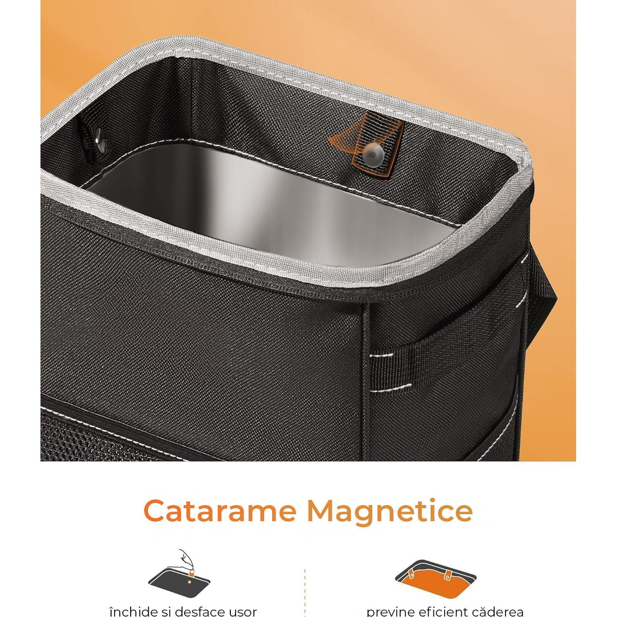Cos de gunoi auto NextWave, pliabil cu capac, impermeabil, Negru, 14x20x26cm – imaginea 2